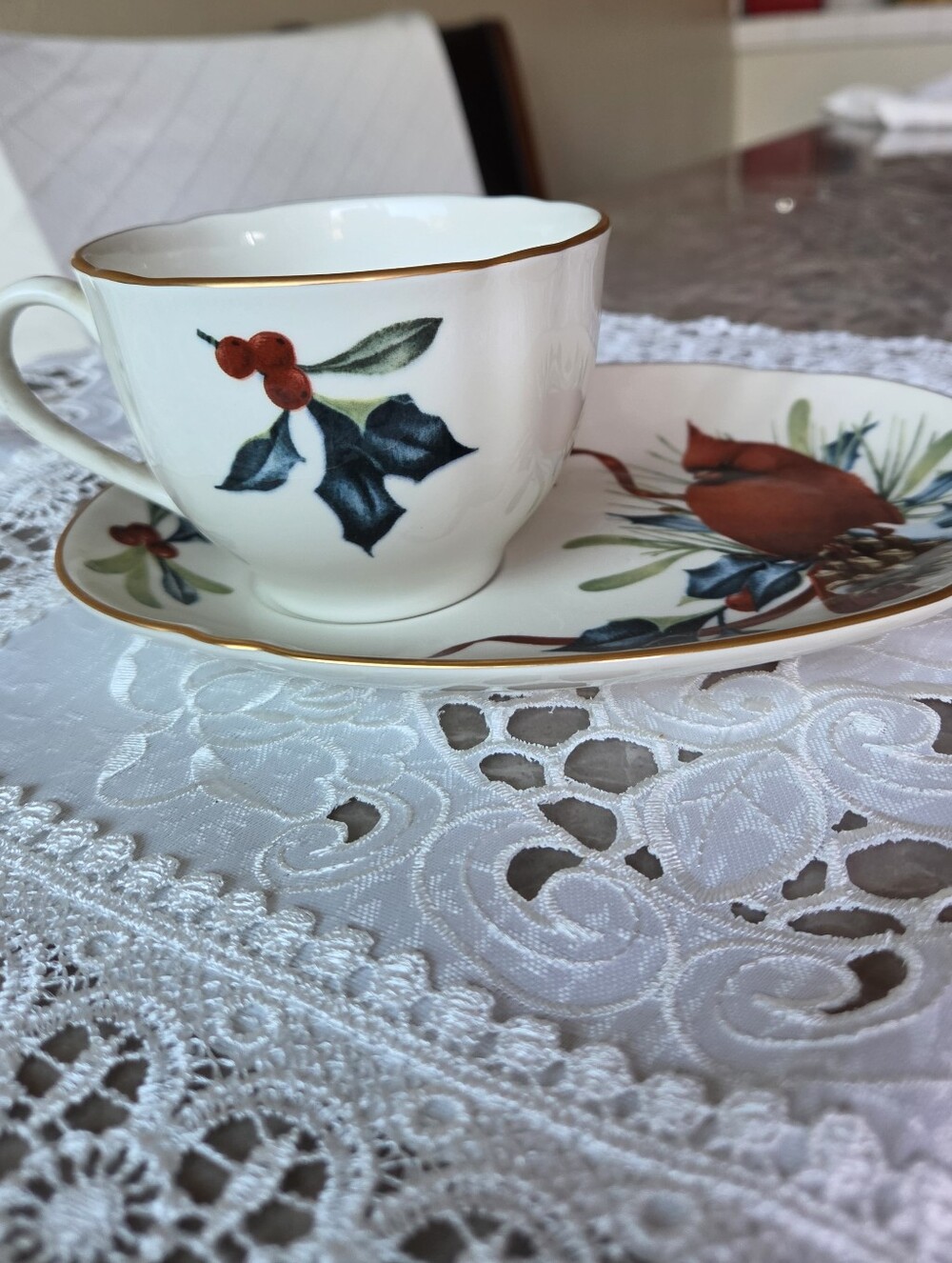 Lenox White Porcelain Holiday Mug and Saucer with Red & Green Botanical Motif